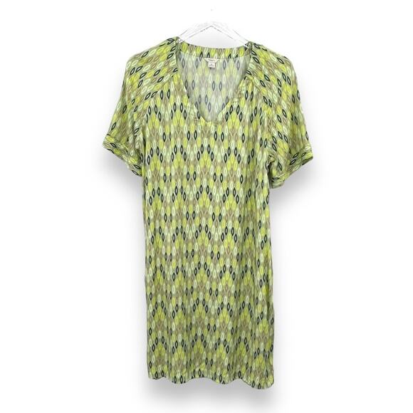 Fossil dress women's M green geometric print V neck short sleeve midi shift - Picture 1 of 7